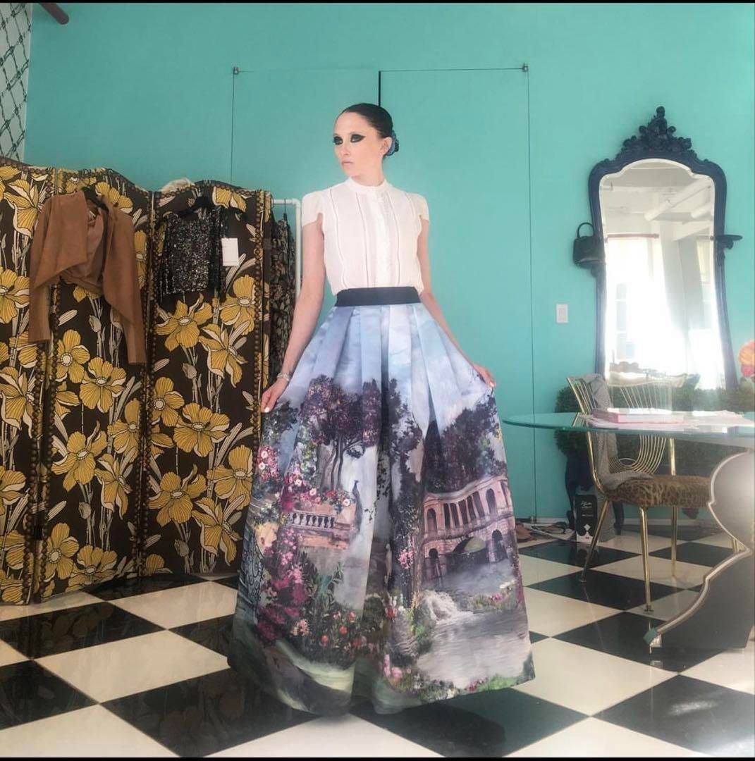 希少　美品　アリスアンドオリビア　絵画スカート スワンスカート サイズ0 希少 美品 アリスアンドオリビア 絵画スカート スワンスカート サイズ