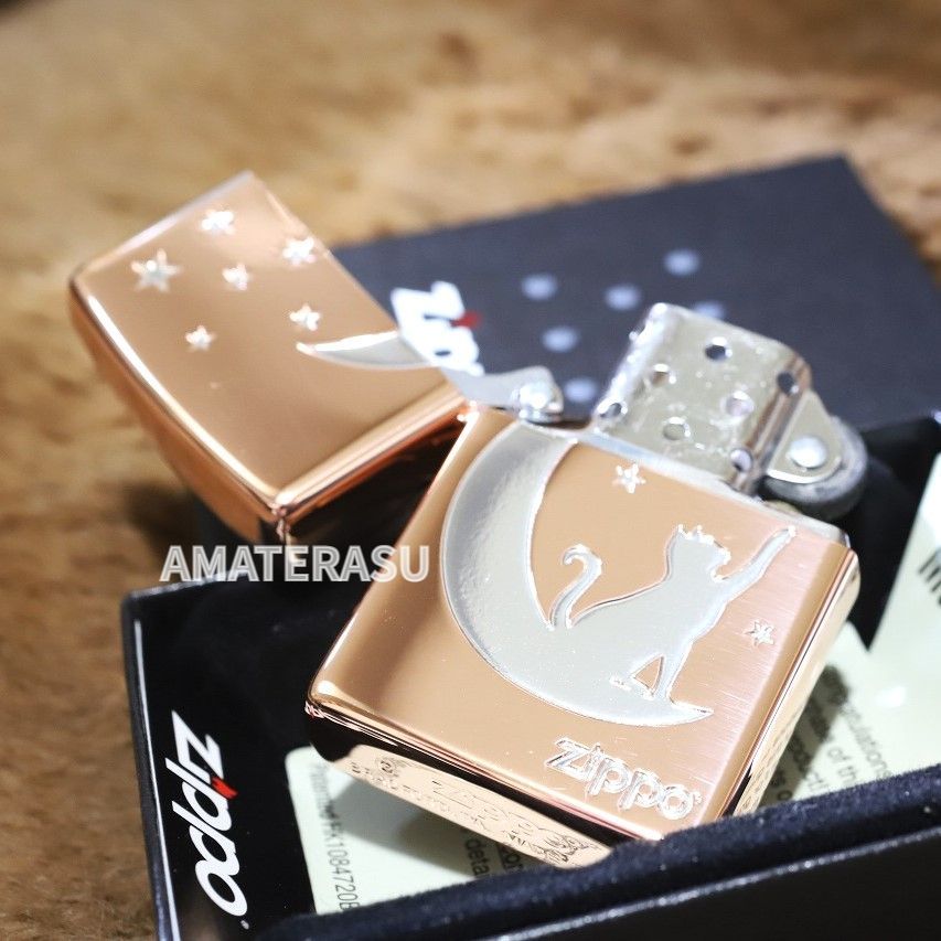 Zippo ゴールド 猫デザインライター 専用ケース付き ZIPPO ライター ネコ シルバー ジッポ 猫 可愛い ゴールド 月