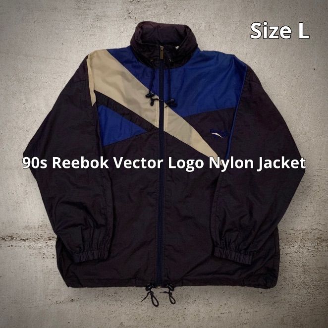 90s Reebok Vector Logo Nylon Jacket リーボック ナイロンジャケット ネイビー ブルー ホワイト Lサイズ  ベクターロゴ ロゴ刺繍 ドローコード フード内蔵 Y2K テックウェア ストリート