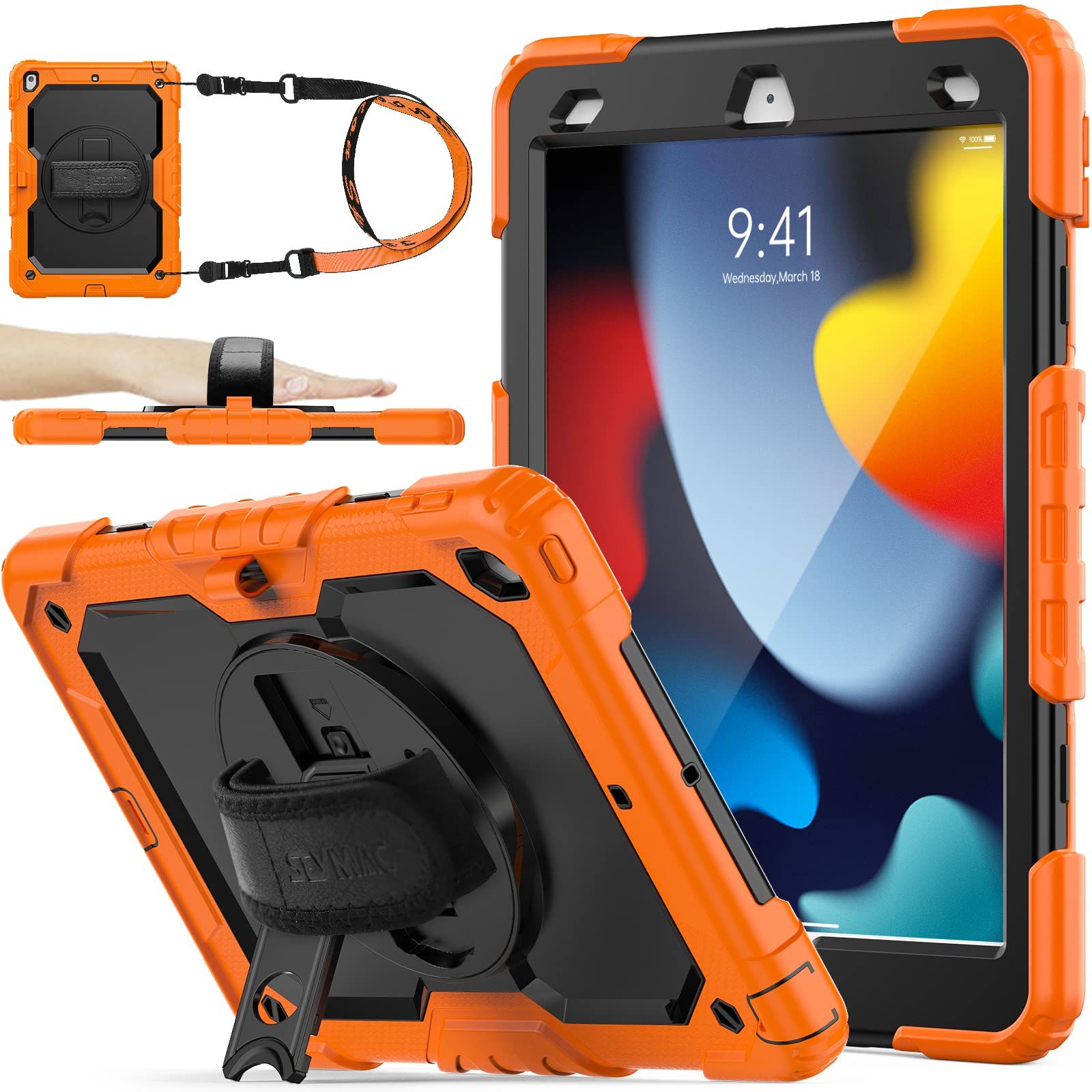 SEYMAC stock iPad 10.2インチ 第9世代/第8世代/第7世代 ケース 耐衝撃 保護フィルム付き ペン収納 360回転スタンド ハンドストラップ ショルダーストラップ 全面保護カバー (オレンジ+ブラック)
