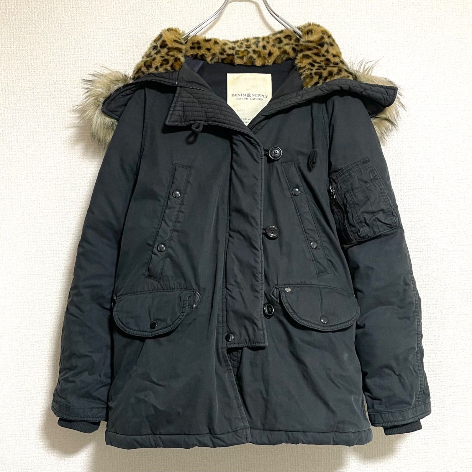 RALPH LAUREN ラルフローレン y2k フェアリーグランジ 平成ギャル パンク ダウンコート ダウンジャケット モッズコート N3B フェイクファー レオパード 豹柄 レディース XS ブラック