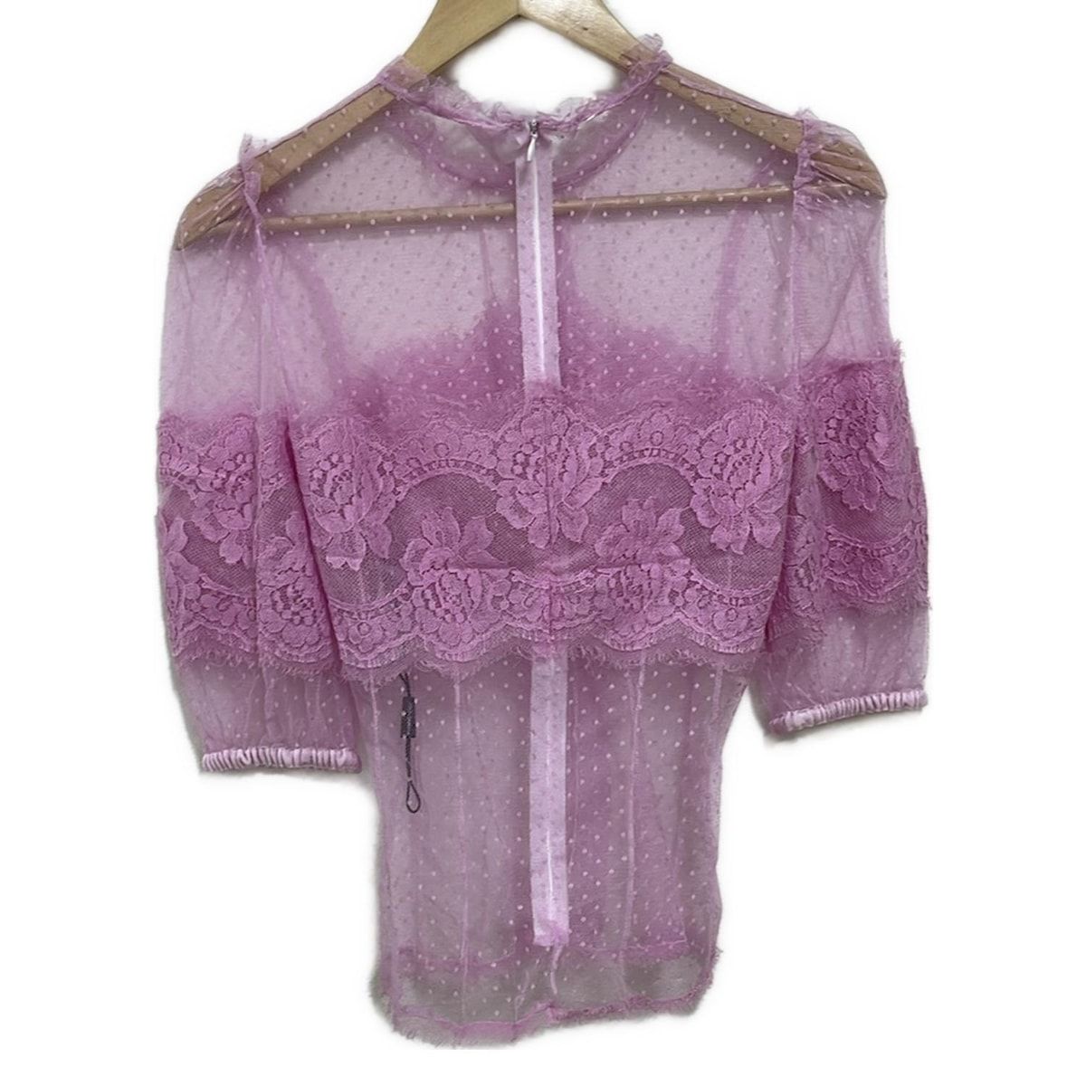 DOLCE-GABBANA ドルチェアンドガッバーナ 半袖カットソー サイズ42 M レディース - ピンク チュール レース ドット柄 フラワー 花