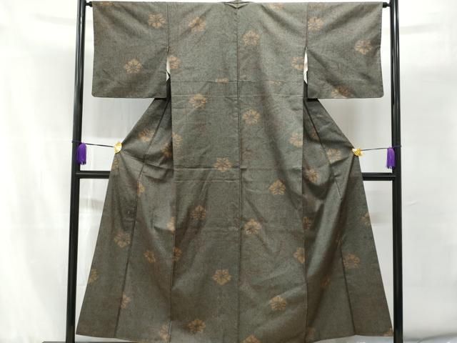 平和屋着物▽上質な紬 単衣 花織 市松文様 正絹 逸品 CAAV3694dy  