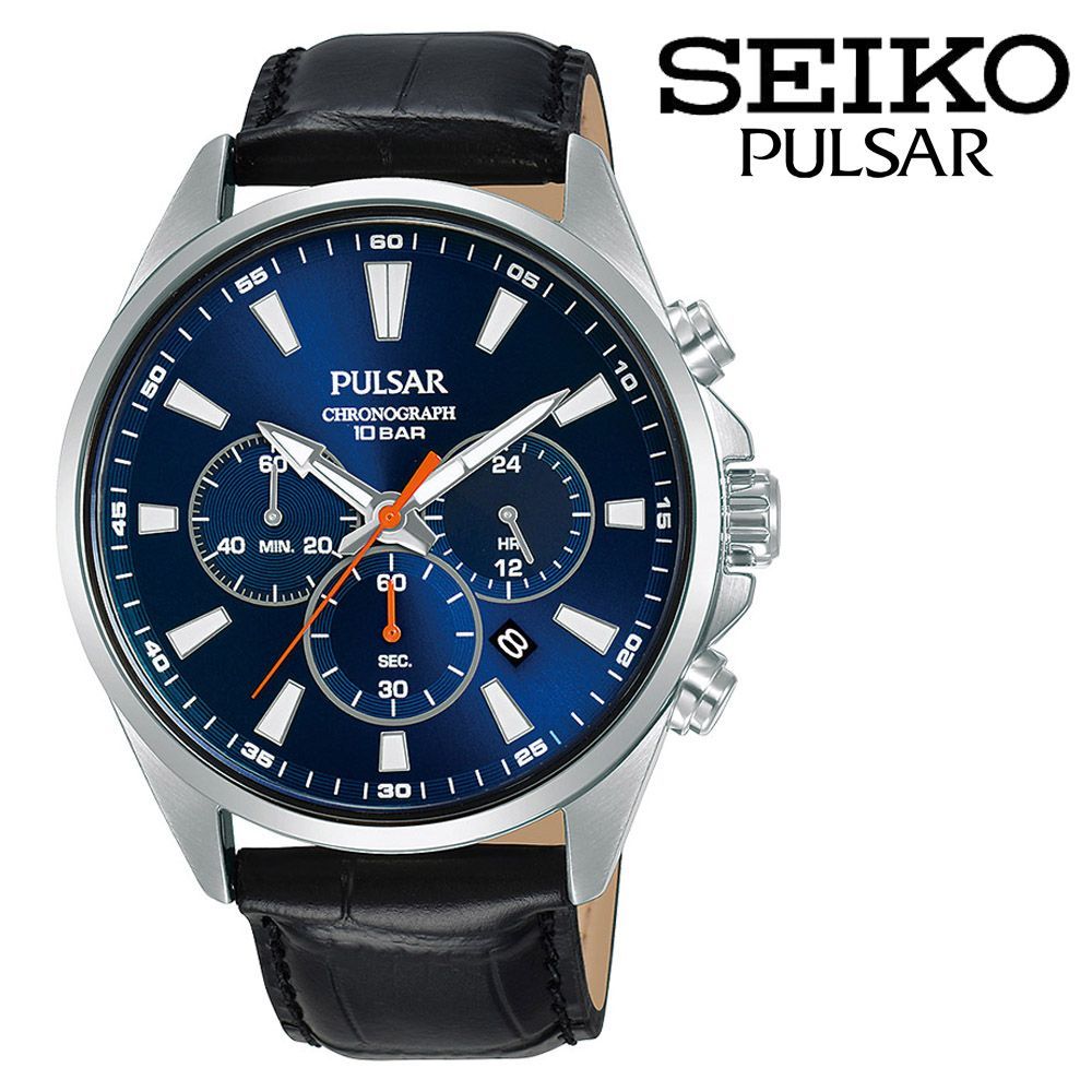 SEIKO PULSAR Chronograph Quartz Date Blue Silver Black Leather 