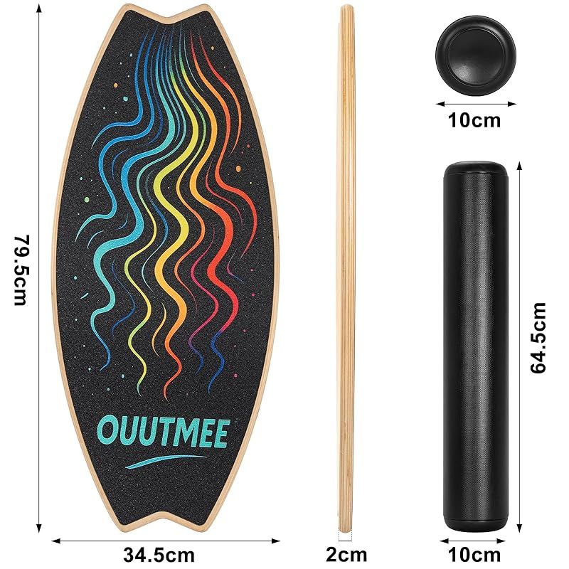 彡Rxakudedo ボードローラー 木製 バランストレーニング ローラー 子供 大人兼用 体幹強化 筋トレ 運動不足解消 滑り止め表面 プレゼント向け フィットネス スポーツ カラフルな波模様 1