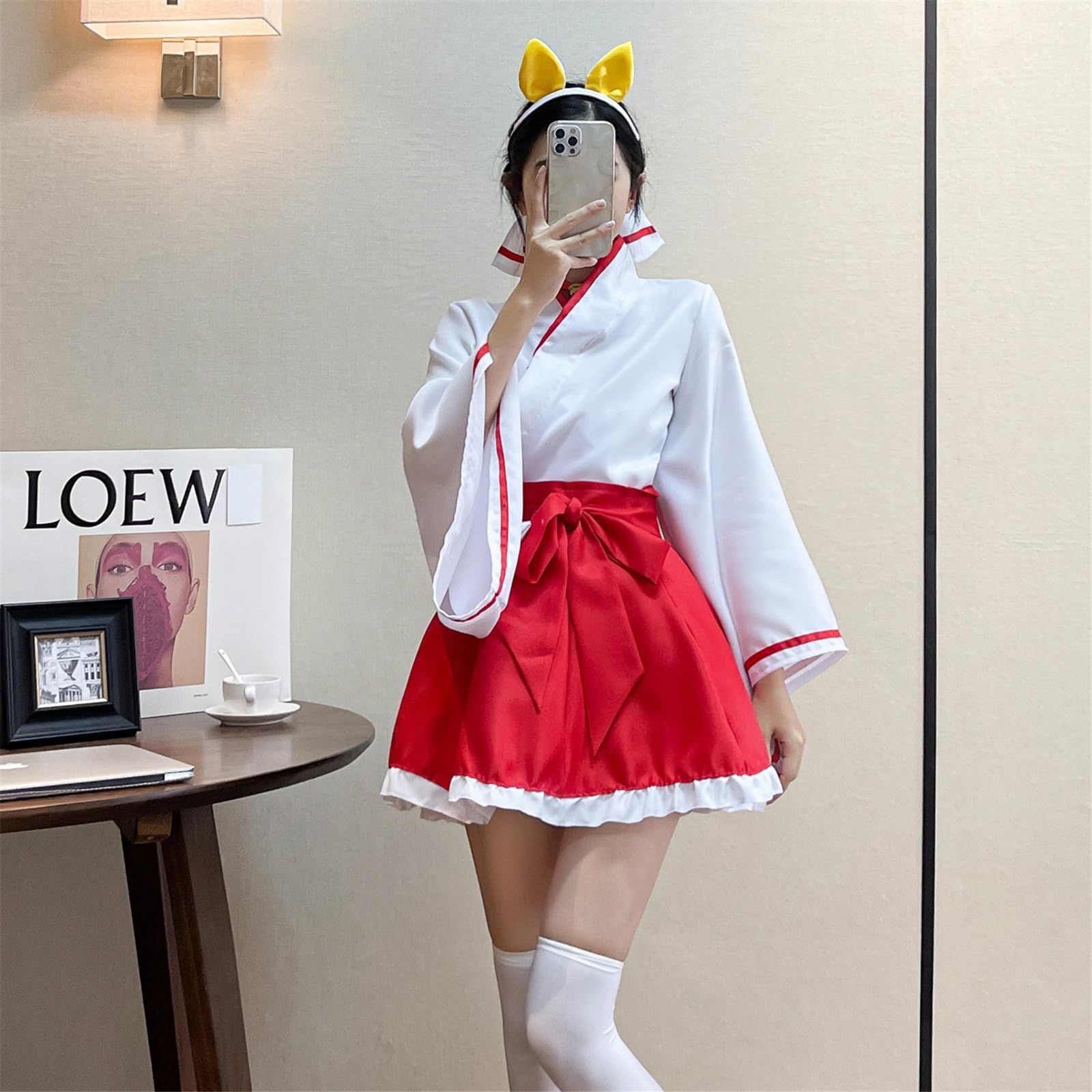 【数量限定】ゆったり レディース 可愛い 和服 蝶結び 和風 コスプレ ハロウィン 神社巫女 コスチューム 仮装 巫女服 学園祭 白 夢のなかの 赤 [LanBuff] 衣装