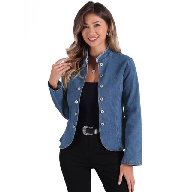 【送料無料】 アレグラ ケー レディース ジャケット・ブルゾン アウター Denim Blazer For Women's Collarless Open Front Jeans Cardigan Blue