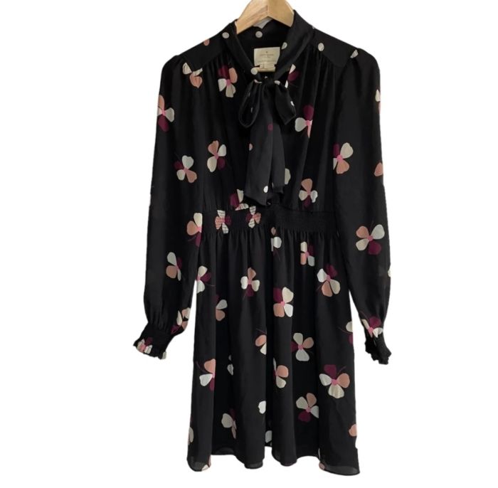 ケイトスペード KATE SPADE new york ワンピース 長袖 ひざ丈 フ ボウタイ 花柄 S ブラック 黒 MO113