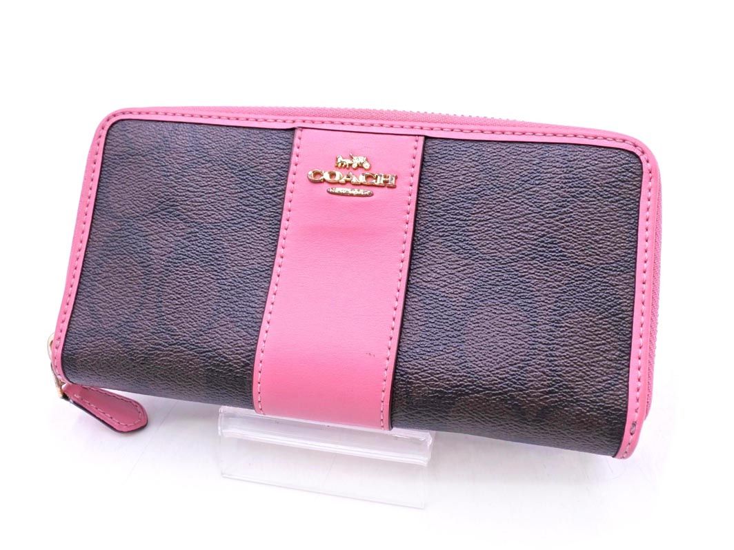 【新品未使用】 COACH コーチ　長財布　シグネチャー　ブラウン　ピンク COACH コーチ シグネチャー ラウンドファスナー 長 財布 茶x