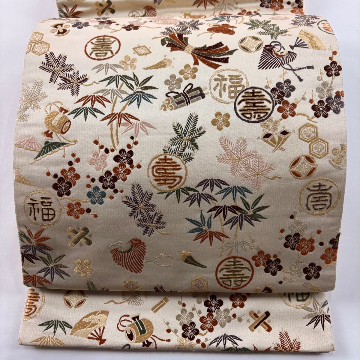 正絹 六通袋帯 三越【宝彩唐織 宝尽くし 花】 花 柄 着物