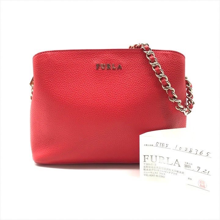 美品 FURLA フルラ レザー チェーン ショルダー バッグ レッド k1480 