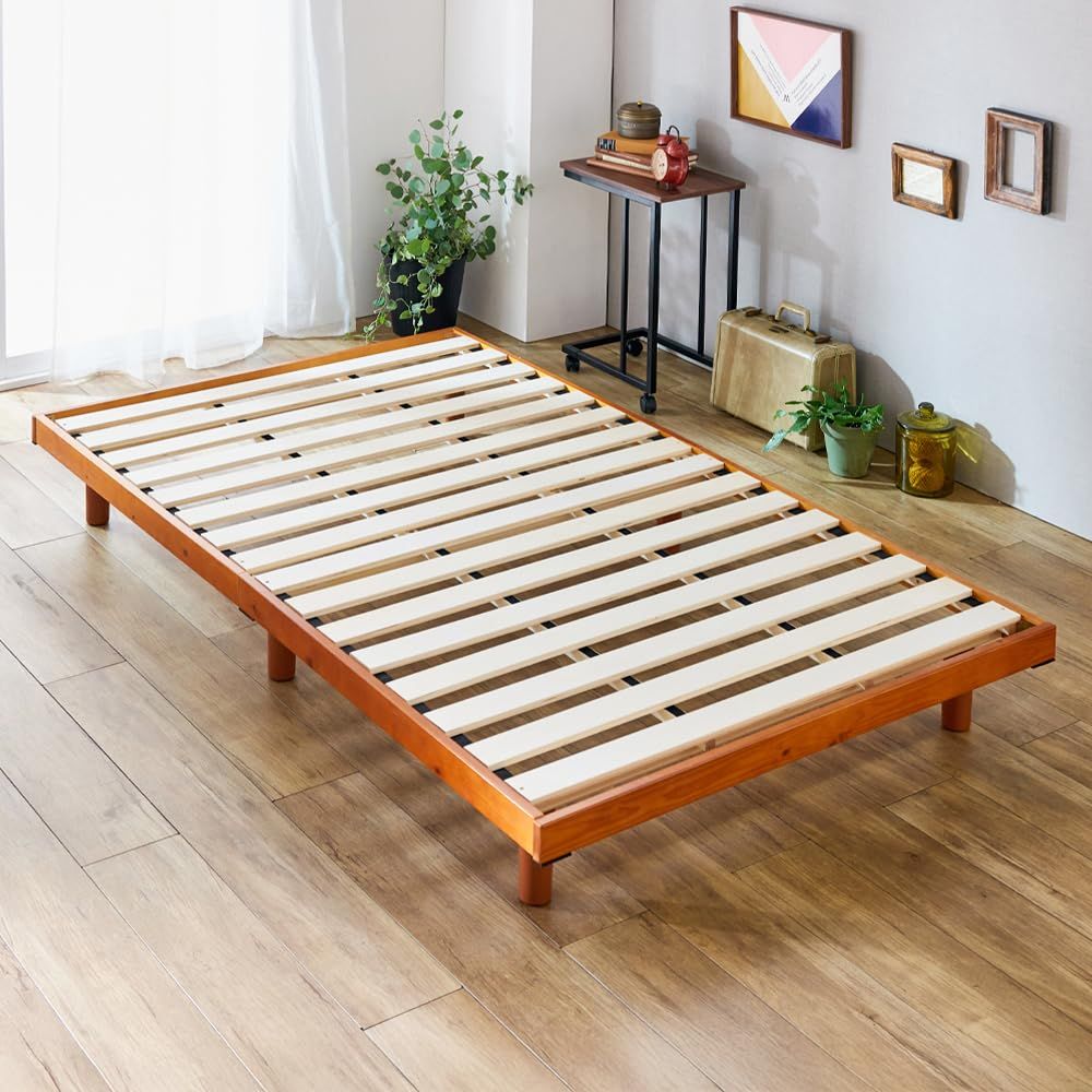 迅速発送 アイリスプラザ ベッド ベッドフレーム シングル 2段階 高さ調整 耐荷重約200kg 天然木 すのこベッド ブラウン 幅約98×長さ約200cm×高さ約6.5~23.5㎝