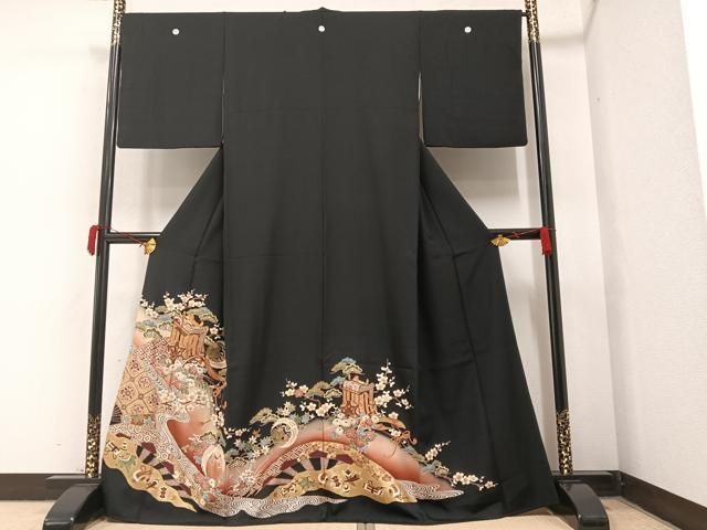 着物　加納義己　落款　付下げ　正絹　黒紫色系　平安絵巻柄　金彩　銀彩　東京着物 着物 加納義己 落款 付下げ 正絹 黒紫色系 平安絵巻柄 金彩 銀彩