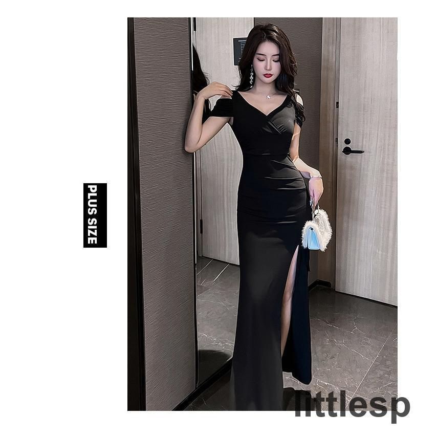 スパンコールがゴージャスでオシャレな半袖 イブニングドレス