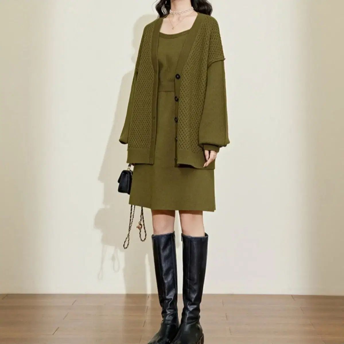 KUOSE ワッフル ニット カーディガン ノースリーブ スカート スリーピース セット 緑 s サイズ