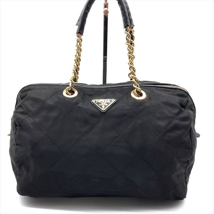 良品 PRADA プラダ 三角ロゴ ナイロン テスート キルティング チェーン ハンド ボストン バッグ ブラック k4660