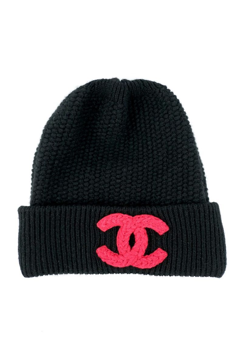 CHANEL Cashmere CC Beanie Hat Black Pink シャネル カシミヤ ココ