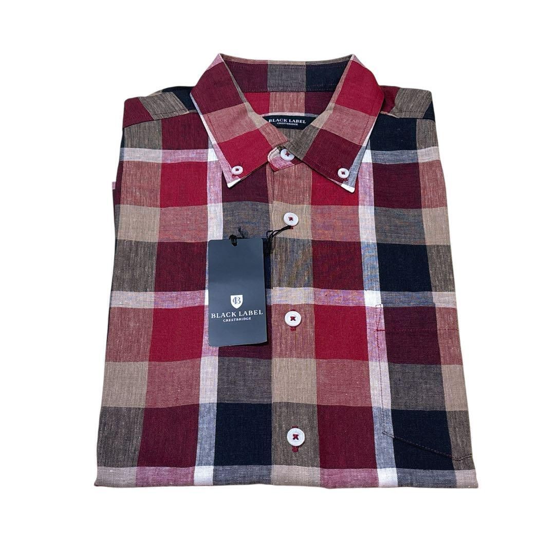 ブラックレーベルクレストブリッジ BLACK LABEL CRESTBRIDGE シャツ クレストブリッジチェック リネン 半袖 ボタンダウン M 赤 レッド メンズ トップス