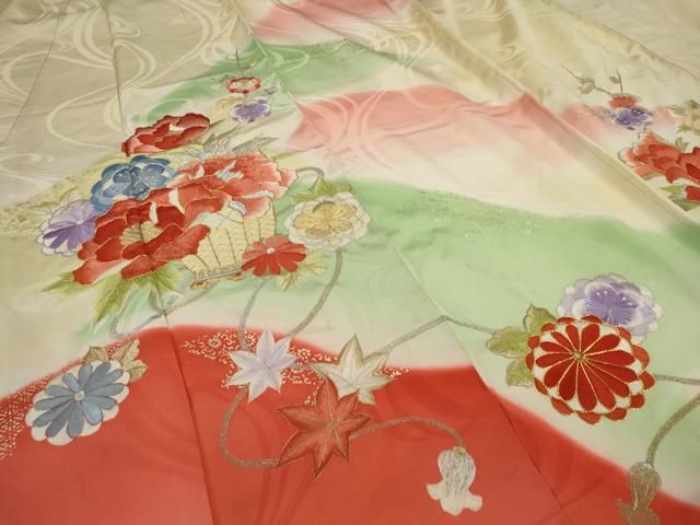 美品　染分け　金彩　銀彩　花籠　逸品　振袖　フルセット 振り袖 美品 牡丹 作家物 銀通し 染分け 金彩 逸品 振袖 フルセット 振り袖