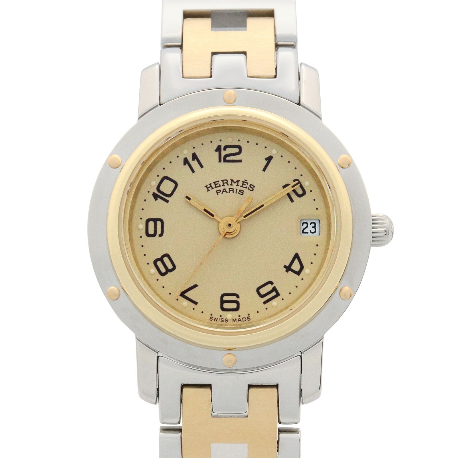 エルメス HERMES 腕時計 クリッパー CL4.220 アイボリー GP ゴールドメッキ ステンレススチール クリッパー レディース Used A