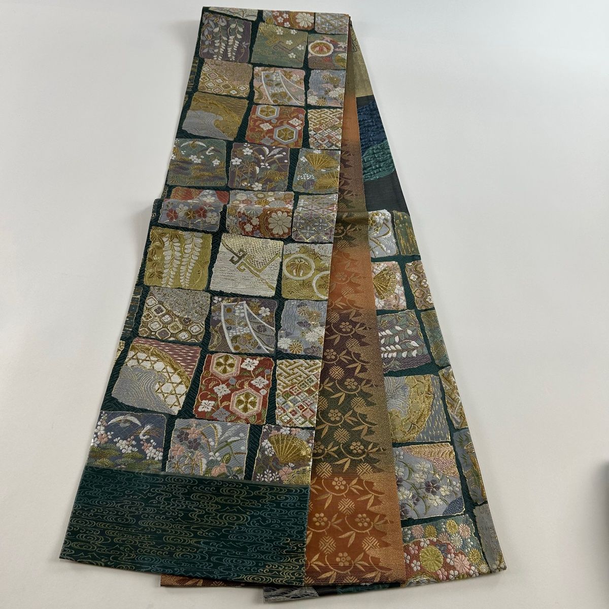 袋帯 秀品 破れ色紙 草花 金糸 箔 緑 全通 正絹 【中古】 - メルカリ