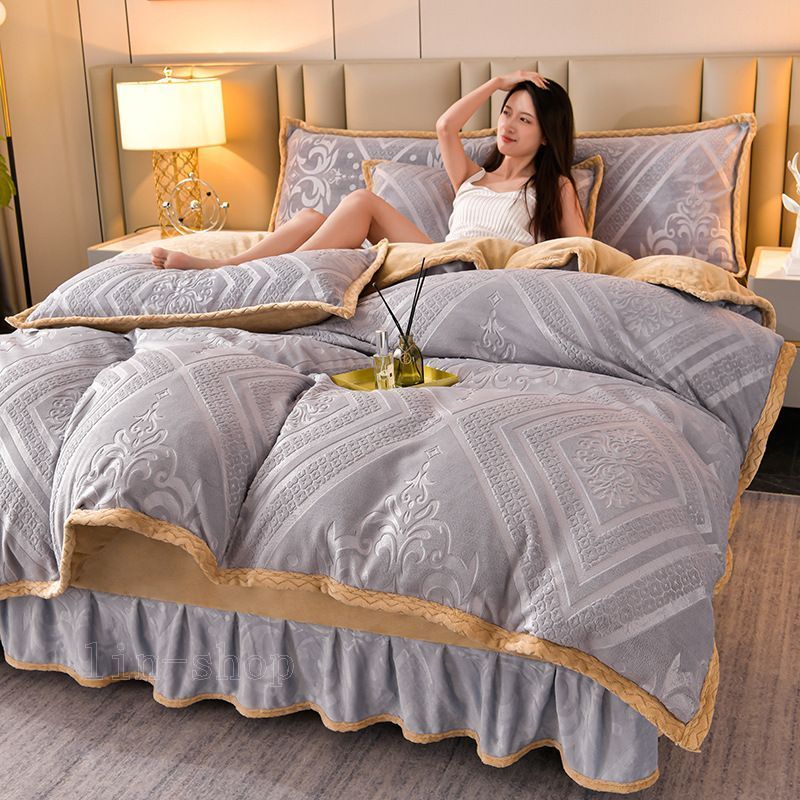 寝具カバーセット 4点セット エンボス加工 布団カバー ベッドスカート 枕カバー もこもこ ストライプ 無地 配色 ふわとろ 寝具 ラグジュアリー ふわふわ ダブル キング 暖かい 厚手