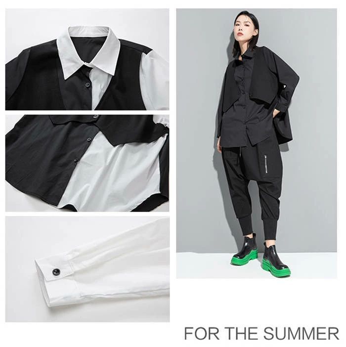 フェイクレイヤード シャツ レディース 配色 トップス ロングシャツ 春 秋 冬 デザイン 長袖 アシンメトリー 無地 個性的 ファッション ゆったり 大きいサイズ フェイクレイヤード シャツ レディース 配色 トップス ロング