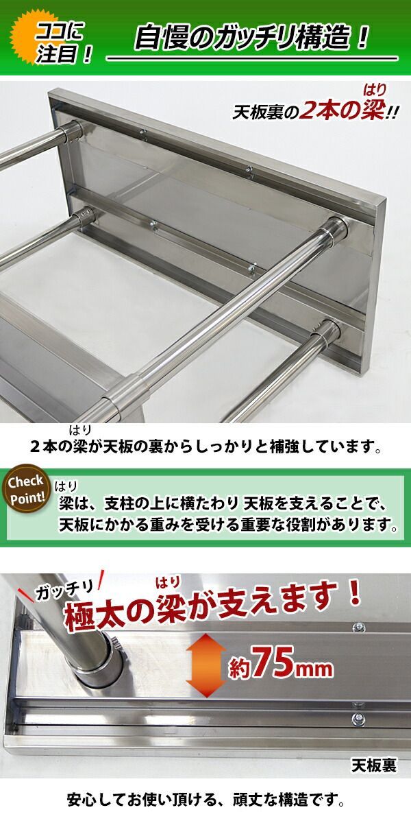 オールステンレス作業台 2段 耐荷重約190kg 約幅1000×奥行450×高さ