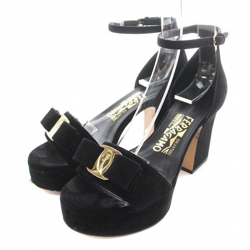 新品 フェラガモ 靴 8 1/2 黒 スエード 6cmヒール FERRAGAMO