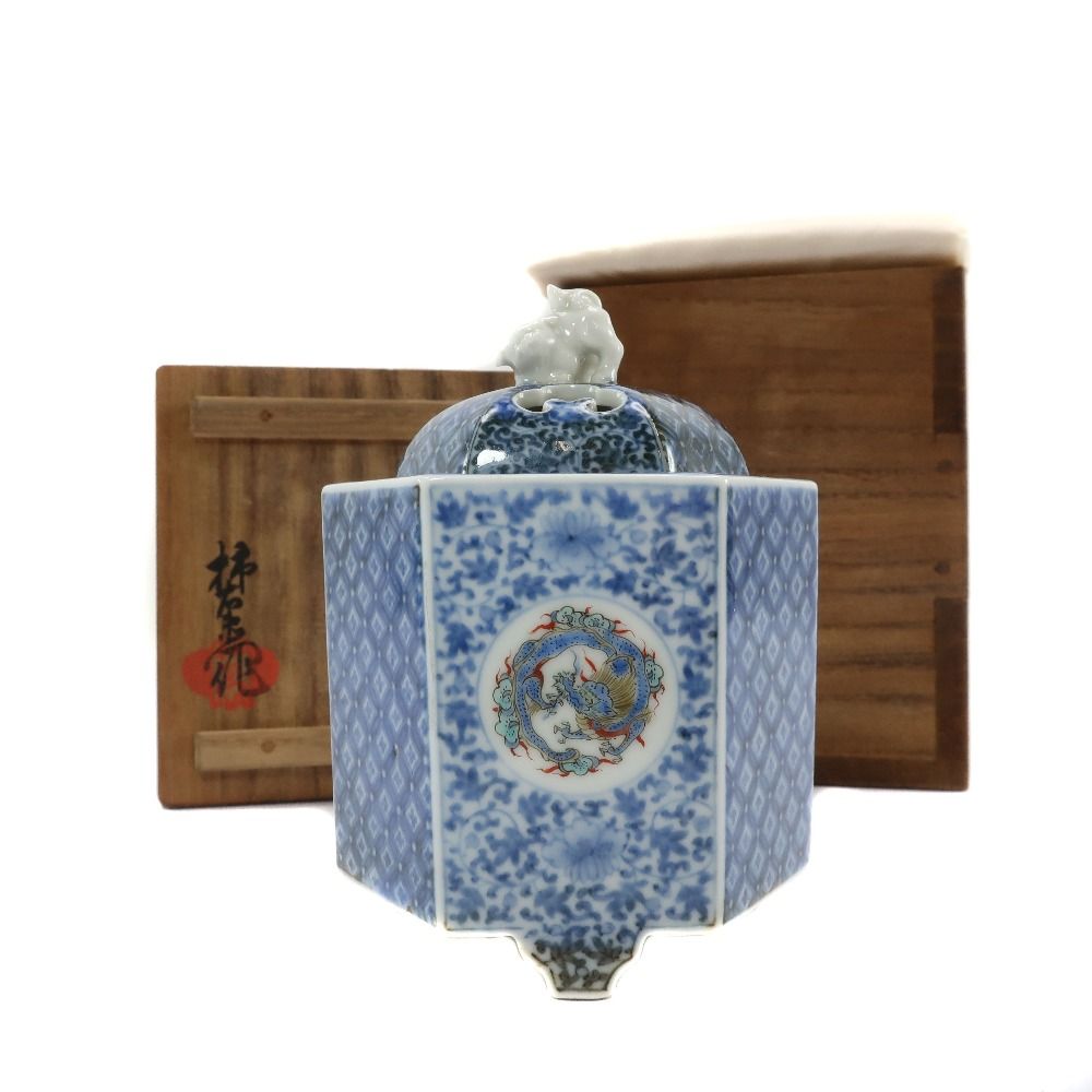 十二代 酒井田柿右衛門 造 染錦地紋丸紋画香炉 陶磁器 _ 骨董品