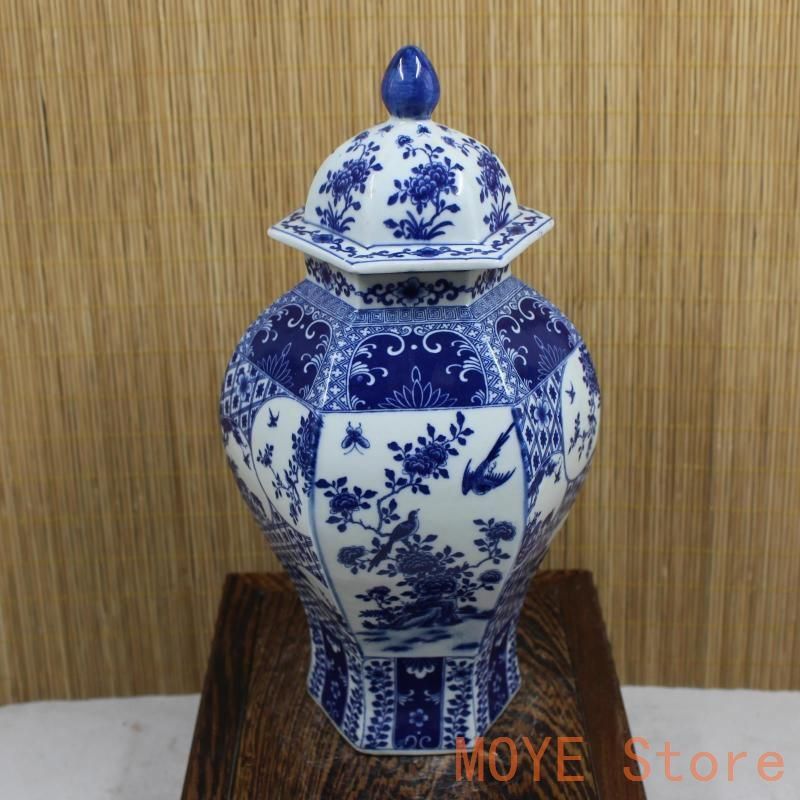 青花 花鳥六方将軍缶 磁器 現代工芸品 美術品 装飾品 置物 清乾隆青花花鳥六方将軍缶 景徳鎮 陶磁器 装飾品 現代工芸品