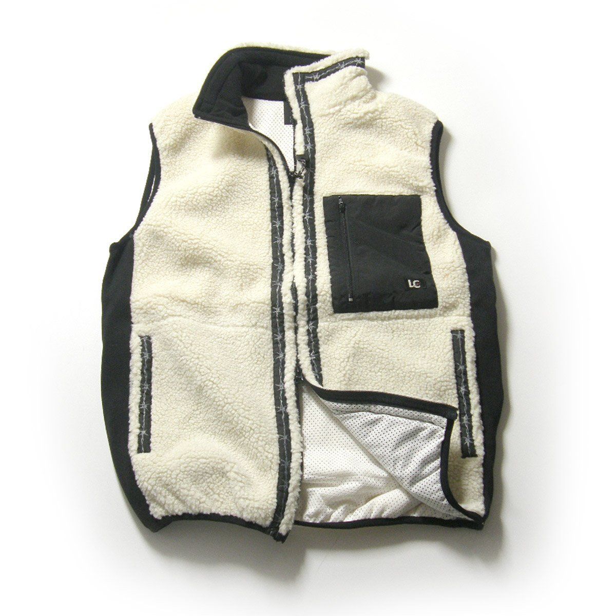 LAST CHANCE SPORTSWEAR ラストチャンス スポーツウェア 有刺鉄線 ボア フリース ベスト ダブルジップ バーブドワイヤー ボアフリース シープボア 白 オフホワイト 黒 ブラック エクストリームスポーツ ｜ 秋冬
