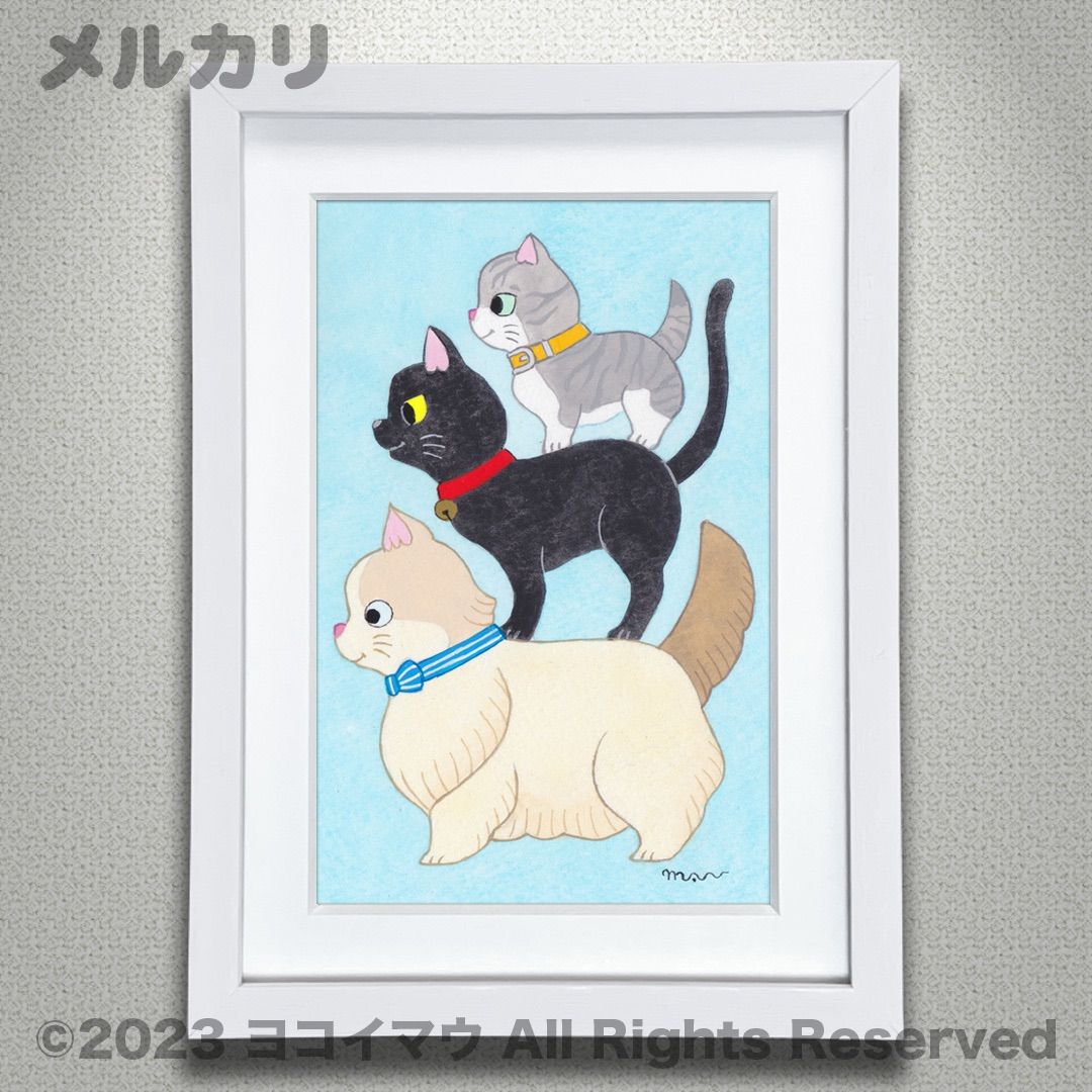 原画「ハチワレ猫と小鳥ブレーメン 黄緑」猫/文鳥/インコ/アート/絵画