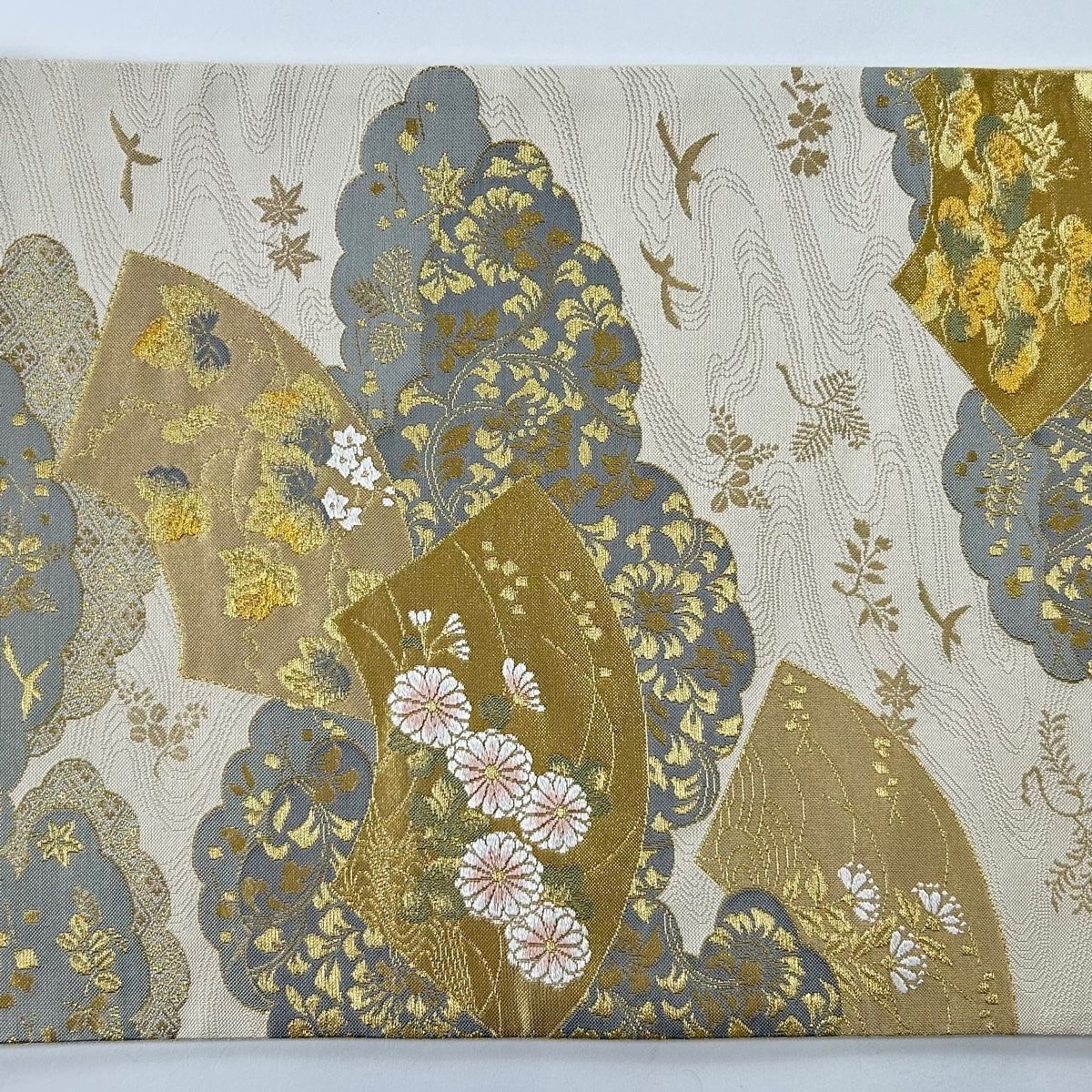 袋帯 美品 秀品 扇面 草花 金糸 箔 ベージュ 六通 正絹 【中古