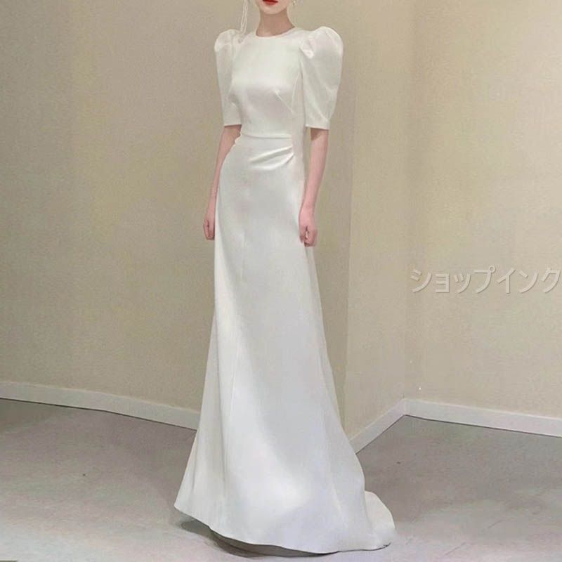 ウェディングドレス 七分袖 バックレス 二次会 白 袖付きのスレンダードレス ロングトレーン フォト婚 二人婚 ロケーションフォト フォトウェディン 韓国風 前撮り 大人