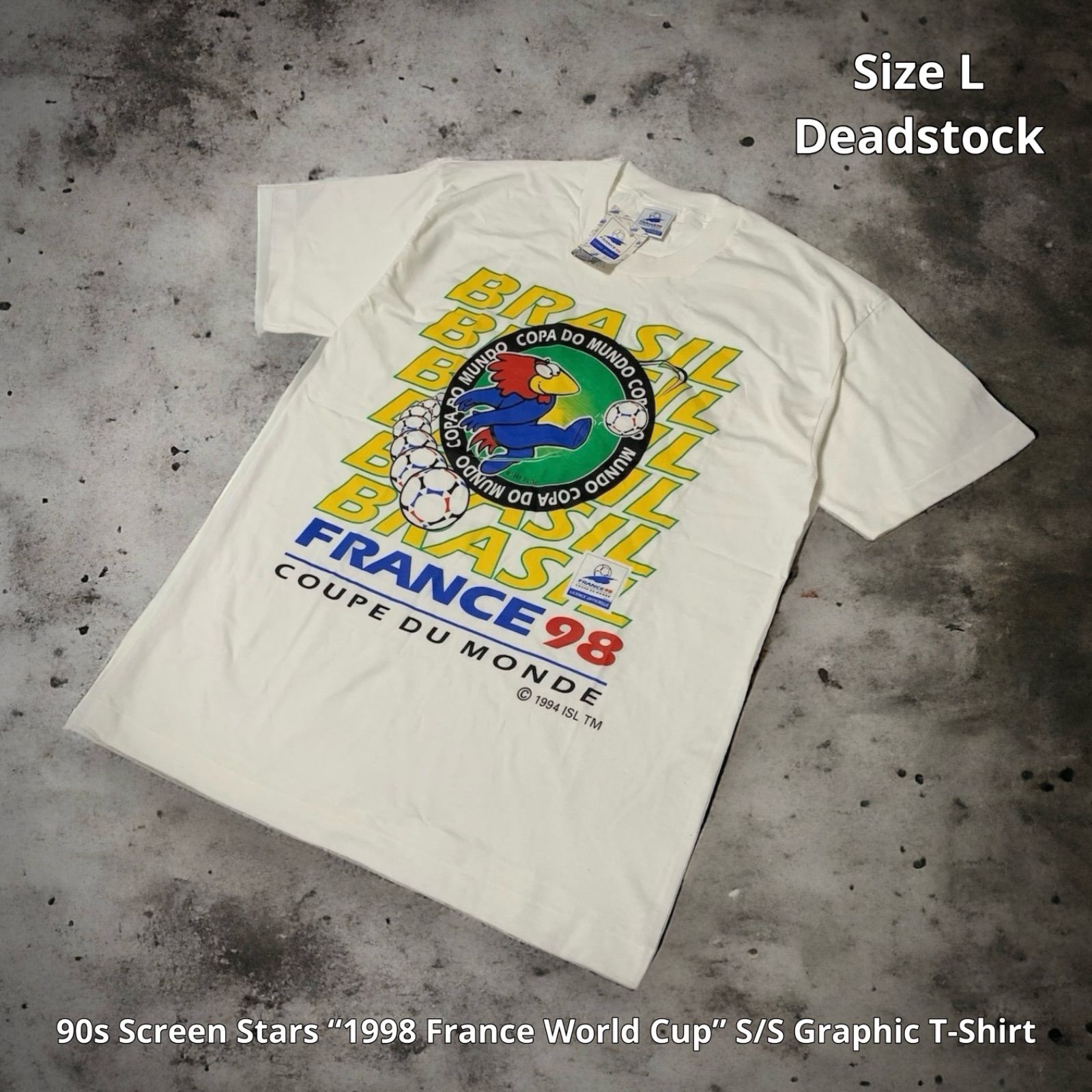 90s Screen Stars “1998 France World Cup” S/S Graphic T-Shirt スクリーンスターズ フランスワールドカップ グラフィックTシャツ 半袖 ホワイト Lサイズ デッドストック シングルステッチ サッカー