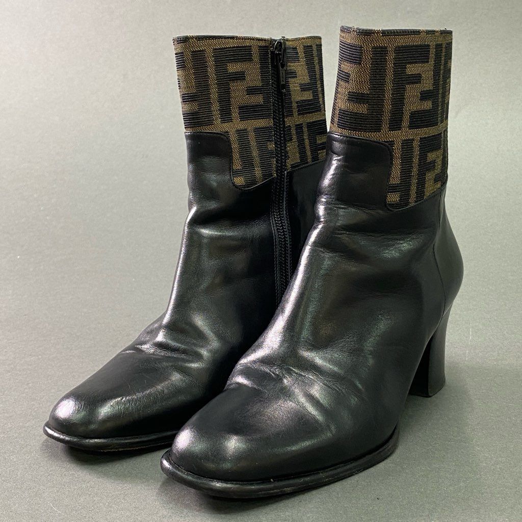 1e10 FENDI フェンディ ズッカ柄 サイドジップ ショートブーツ レザー シューズ チャンキーヒール 35 1|2 ブラウン系 ブラック 本革