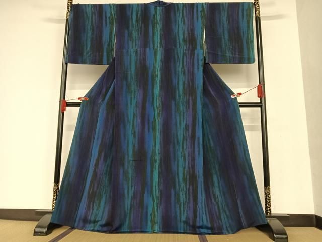 平和屋着物○極上 小紋 変わり縞 暈し染め 鬼しぼ縮緬 正絹 逸品