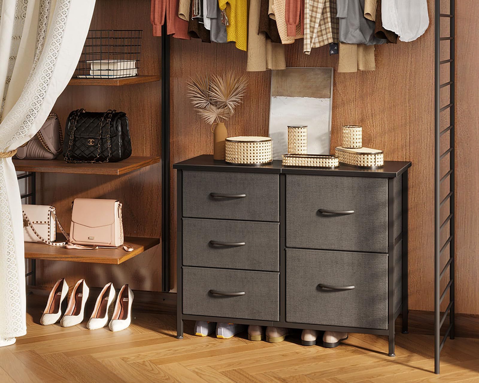リビング収納 キャビネット 収納ケース 衣装ケース 3段棚 木製 おしゃれ 引き出し 大容量 収納チェスト 収納棚 脱衣所 タンス 衣類収納 チェスト 転倒防止 安定感 AODK 3段5杯 L78×W29×H60cm グレー