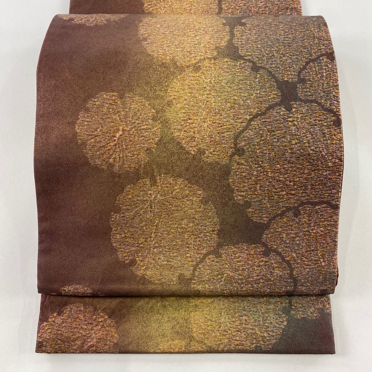 袋帯 秀品 雪輪 箔 ぼかし 茶紫 全通 正絹