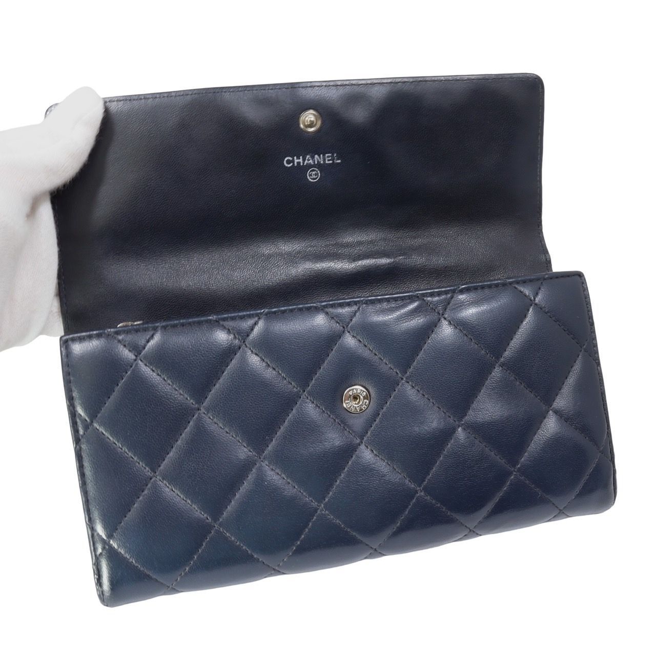 シャネル フラップ長財布 ラムスキン ネイビー/シルバー CHANEL シャネル マトラッセ フラップ ロングウォレット 長財布