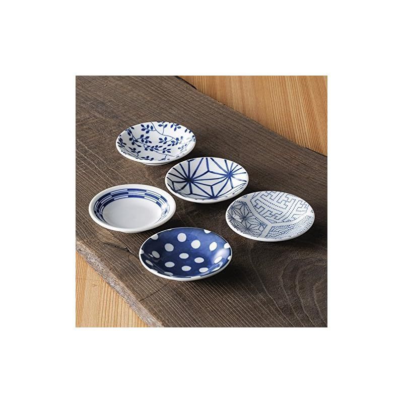 山水 海 染付 5枚組 箱入り 窯傷 歪み 中皿 ｜山