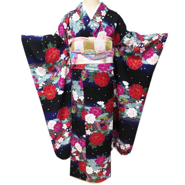 振袖 着物 中古 正絹 流水に花模様 牡丹 桜 地模様 M A1098-6