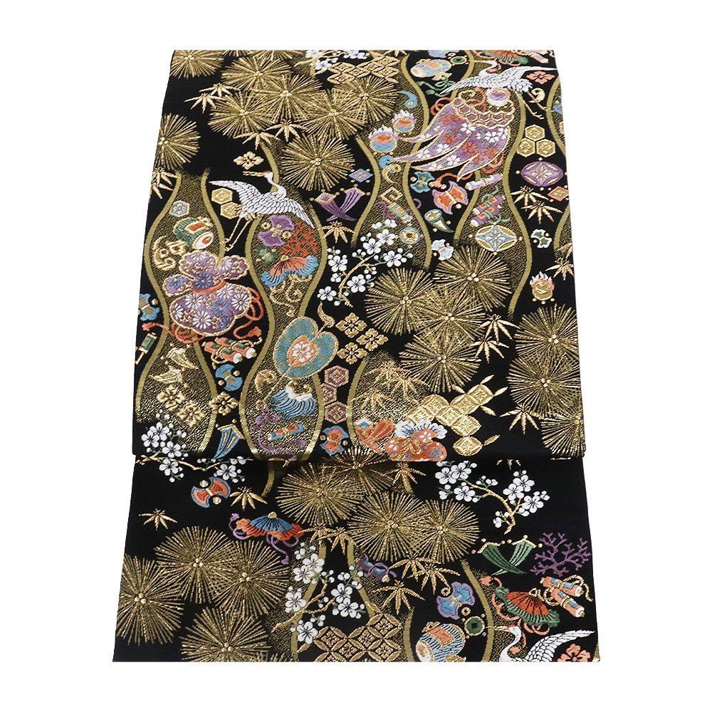 礼装用 袋帯 正絹 黒 金箔 鶴 松竹梅 宝尽くし Mサイズ F6834 美品