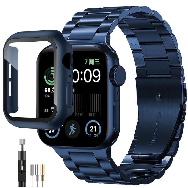 [ＦＡＬＳＡＤ] 新型 Apple Watchバンド ステンレス 46mm/42mm/44mm/40mm/45mm/41mm保護ケース付き 対応 Se/Se2/Series10/9/8/7/6/5/4 アップルウォッチ 交換バンド，iwatch メタル 金 1