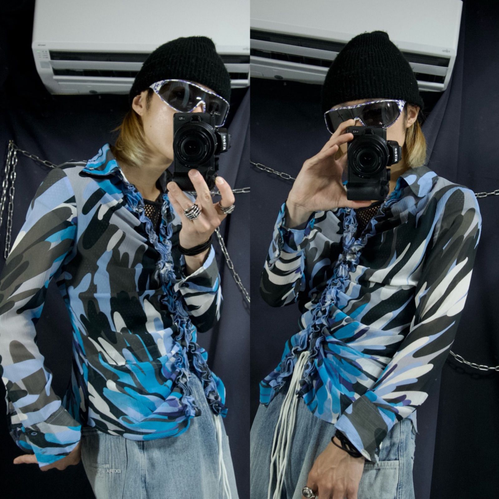 NARACAMICIE See-through Abstract Camouflage Frill L/S Shirts ナラカミーチェ シースルー アブストラクト 迷彩 フリル 長袖 シャツ