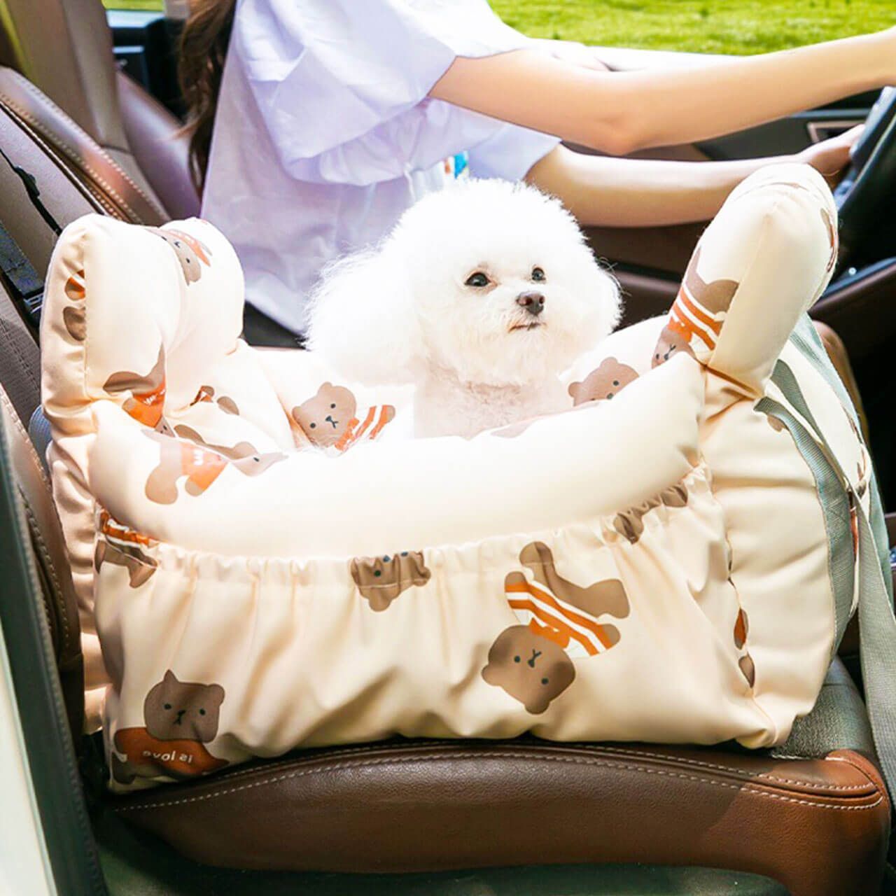 ペットベット ドライブボックス ソファー 犬用ドライブ用品 ベッド クッションドライブ ドライブベッド キャリーバック 犬 猫 カーベッド 車用 旅行 お出かけ ペットシート ベージュ くまさん柄 犬 猫 小型犬 トート 犬用品 猫用品