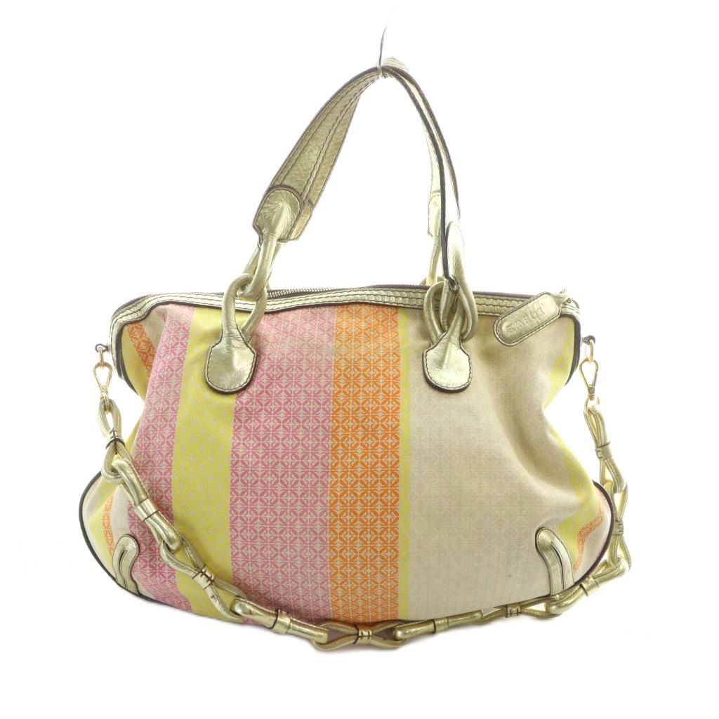 ロエベ LOEWE ボストン バッグ ハンド トート ショルダー 2WAY ロゴ アナグラム 総柄 キャンバス レザー マルチカラー GY18 |MQ