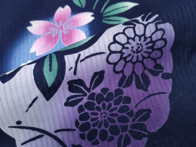 本麻⭐︎麻浴衣⭐︎麻捺染⭐︎作家物⭐︎雪輪に桜⭐︎バチ襟⭐︎濃紺⭐︎渋い粋なお色 平和屋着物∴夏物 浴衣 綿絽 雪輪舞桜 ほたる暈し 綿 逸品