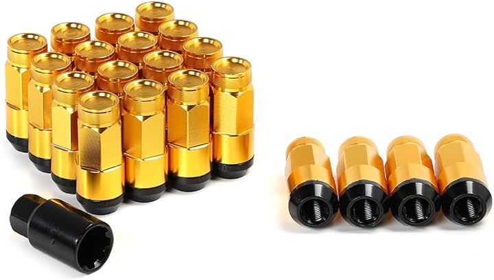 New self スチール製 ホイールナット タイヤナット レーシングナット 上下分割式 盗難防止 M12 x P1.5 専用ソケット付き 20本セット( ゴールド)